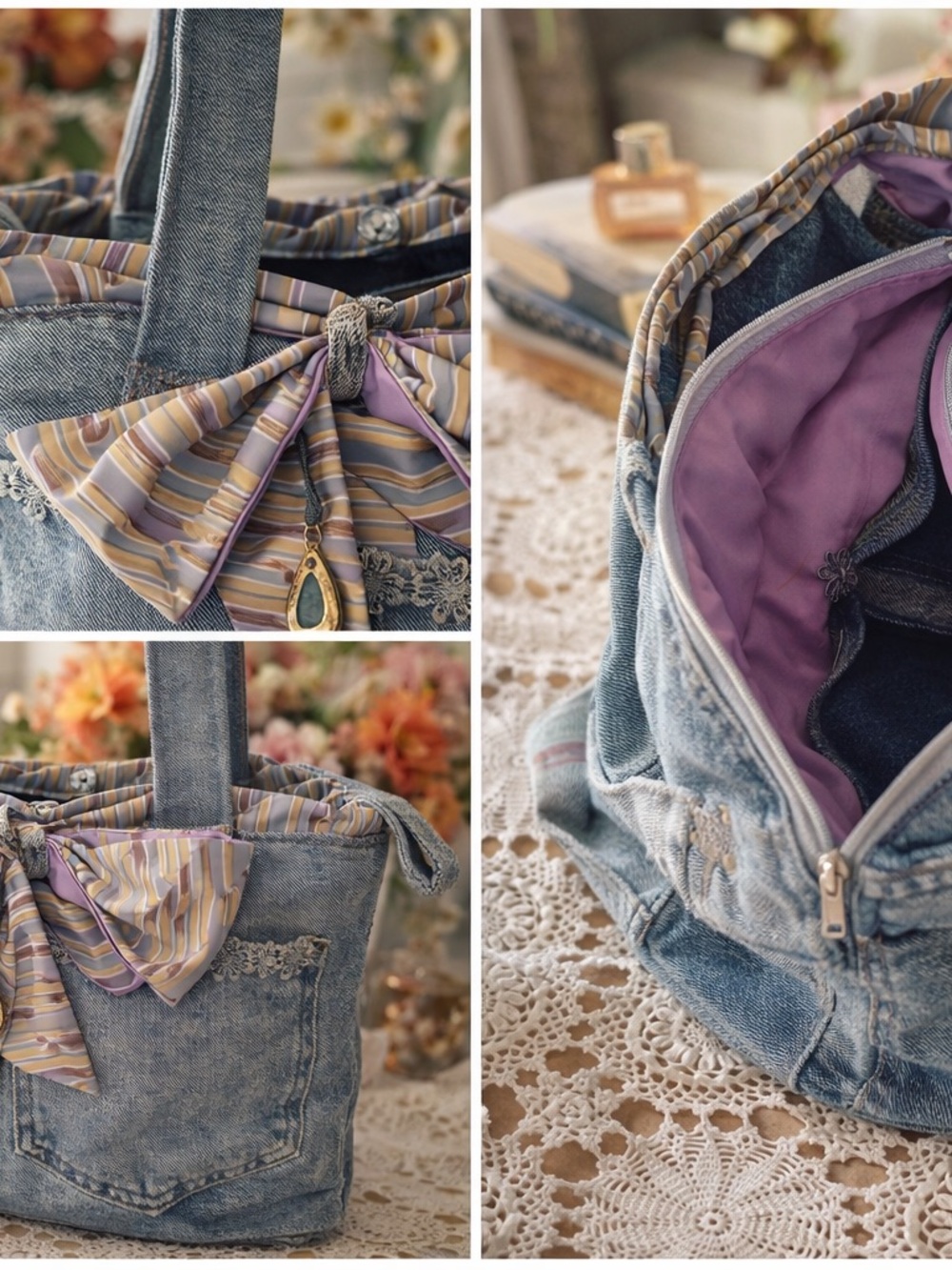 Denim Tote Bag with Lavender Lining and Bow Accent